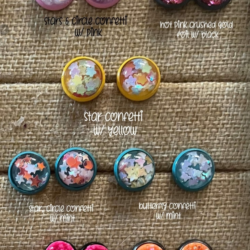 Glitter sequins resin dome druzy earrings.